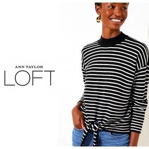 LOFT Women's Striped Tie Hem Sweater - Black Stripe - Size Large